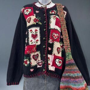 Vintage Heirloom Collectibles Patchwork Heart Floral Knit Cardigan Sweater XL